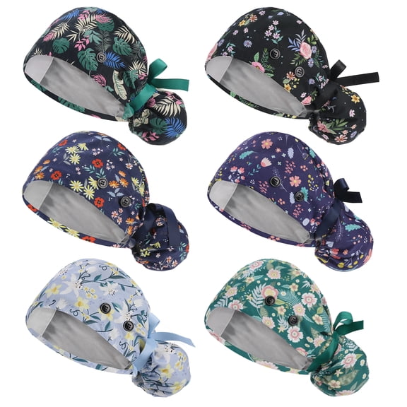 Bocaoying 6 Pcs Satin Lined Scrub Caps for Women, Adjustable Surgical Caps with Ponytail Holder, Cotton Nurse Hats with Buttons & Sweatband