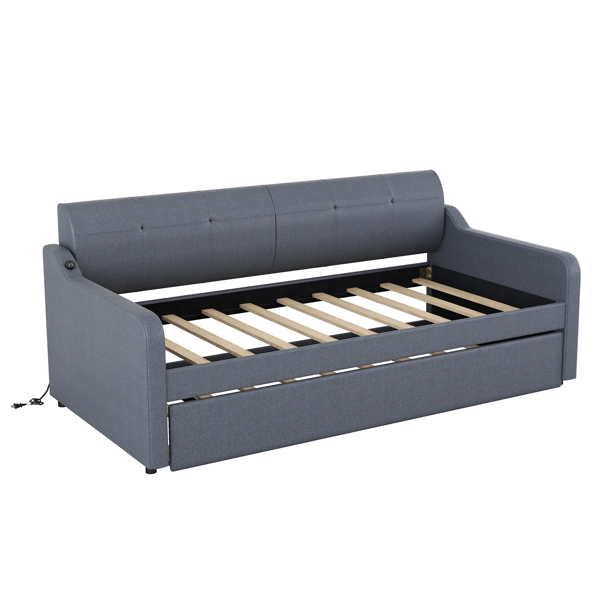 EUROCO Wood Twin Size Daybed with Trundle, Solid Wood Sofa Bed with USB Charging for Kids Teens Adults, Gray