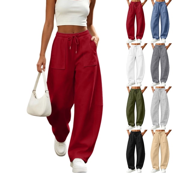 DYTTDG Women's Barrel Leg Sweatpants, Drawstring Elastic High Waist Loose Casual Trousers with Big Patch Pockets for Daily Loungewear