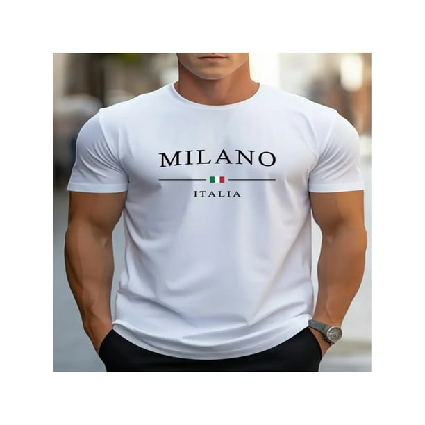 Camiseta informal de cuello redondo con estampado gráfico de Milano Italia, tejido de punto de poliéster, corte regular, con estampado geométrico, para adultos, manga corta de verano con ligero estira