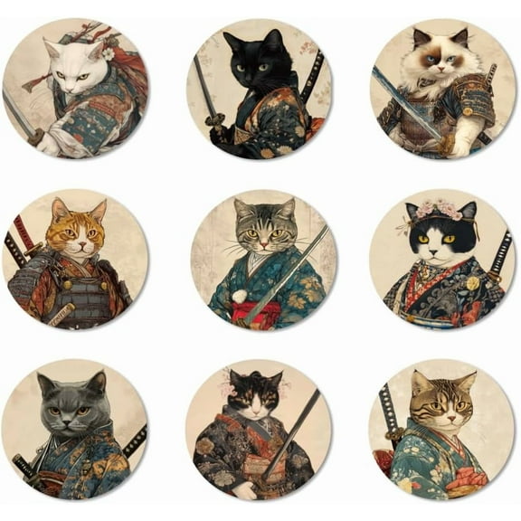 9 Pcs Wood Coasters for Drinks Samurai Cat Colorful Wooden Cup Mat for Coffee Table Decor 3.9" Non-Slip Desk Coasters for Home Apartment Office Bar Wood
