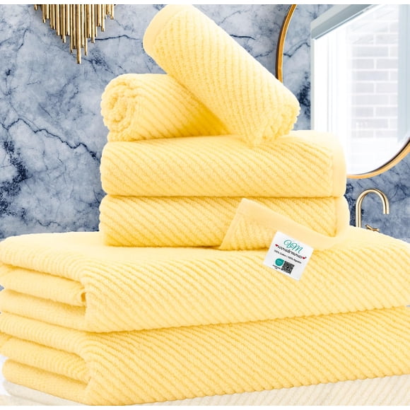 Serviettes Jaunes pour Salle de Bain - 100 % Coton / Séchage Rapide / Légères / Épaisses / Douces, Ensemble de 6 Serviettes, 2 Grandes Serviettes de Bain 30"x56 Pouces, 2 Mains