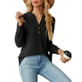 thumbnail image 3 of SHIBEVER Women's Fall Tops Casual Long Sleeve Shirts Loose Fit Tunic Tops Basic V Neck Sweatshirts Trendy Button Down Solid Color Black Size S, 3 of 5