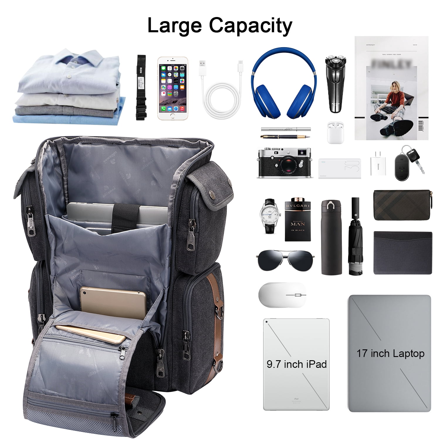 WITZMAN Travel Backpack for Men Carry On Canvas Backpack Luggage Outdoor Duffel Bag (6661 Black)