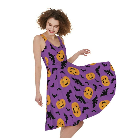 Halloween Bat And Pumpkin Pattern Print Sleeveless Knee Length Dress, Halloween Decorative Fashion Summer Maxi Dress For Women
