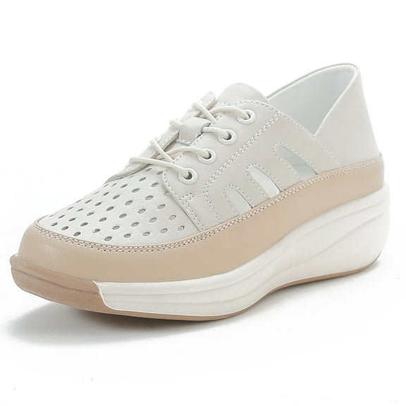 Women's Casual Platform Sneakers Ladies Hollow Breathable Flats Women's Fashion Lace Up Leather Shoes Walking Shoes
