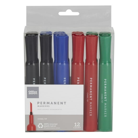 Office Depot 100% Recycled Plastic Permanent Markers, Chisel Point, Assorted Ink, Pack Of 12, OD92736