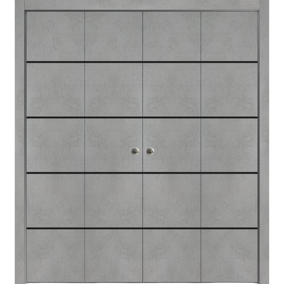 Sliding Closet Double Bi-fold Doors | Planum 0015 Concrete with Frosted Glass | Sturdy Tracks Moldings Trims Hardware Set | Wood Solid Bedroom Wardrobe Doors