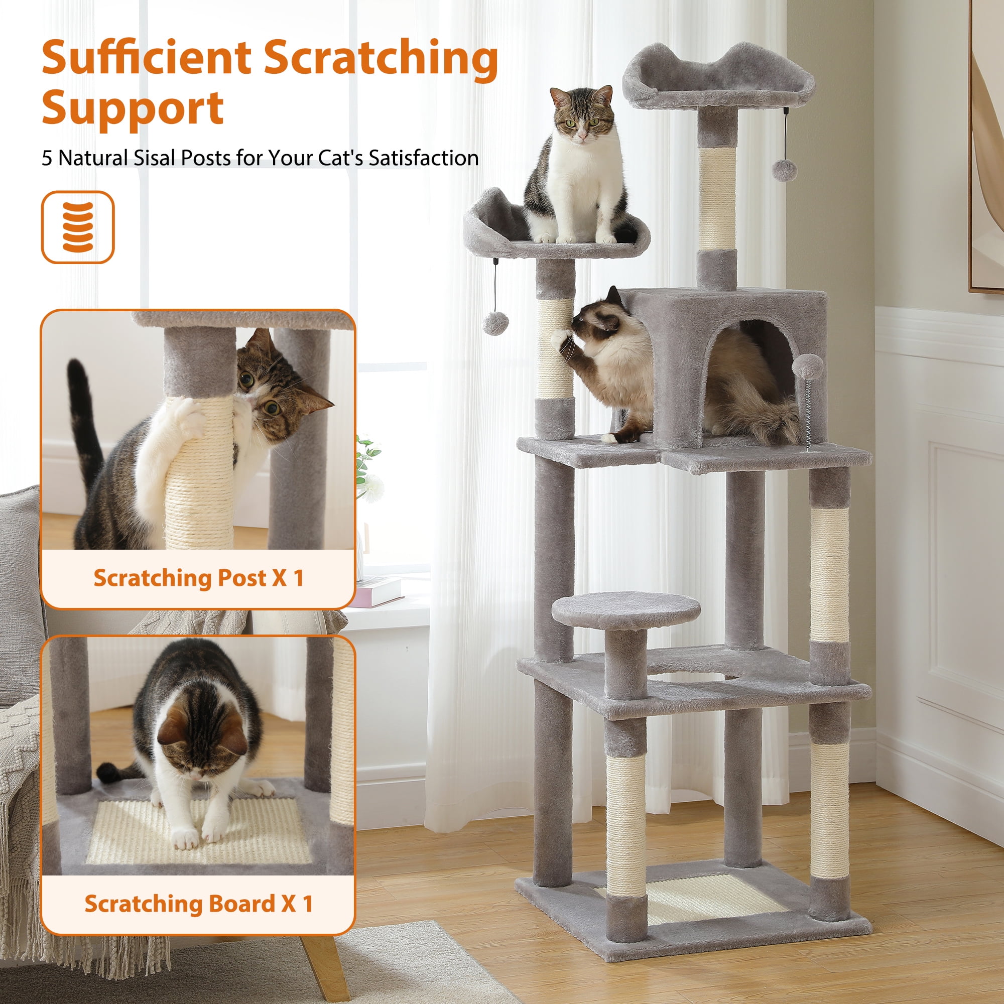 Kadyn 63" Cat Tree Tower for Indoor Cats, 4 Levels Platform Cat Condo for Large Cats with Fully Scratching Posts, Gray