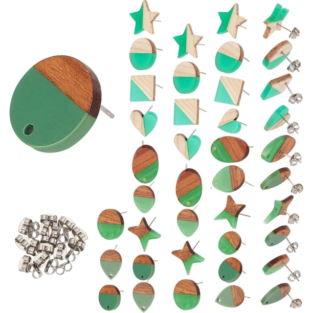 Accesorios para aretes de resina y madera, 10 estilos, base de almohadilla para aretes, aretes de estrella y corazón, aretes de almohadilla plana ovalada con cierre de acero inoxidable.