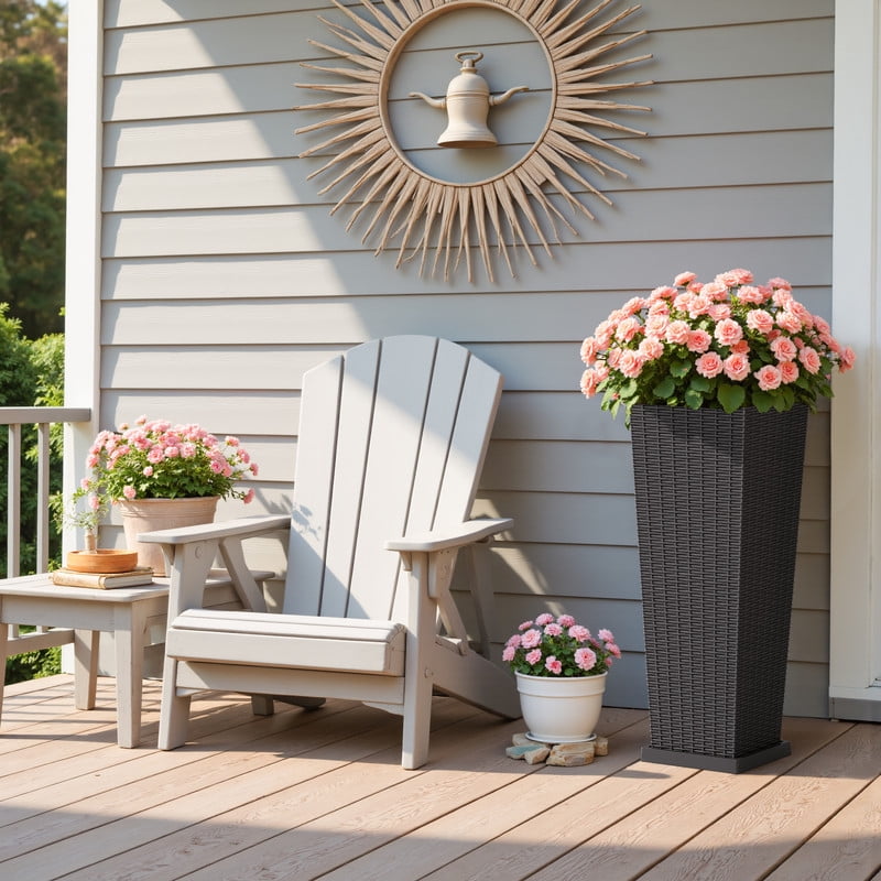 Devoko 32" Tall Planters for Outdoor Plants Set of 2, Woven-Textured Outdoor Plant Pots with Trays for Patio, Front Porch