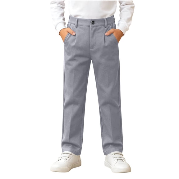 Guluxicc Kids Boys Uniform Pants Button Waist Straight Leg Dress Pants Casual Solid Color Stretchy Trousers for 4-16 Years