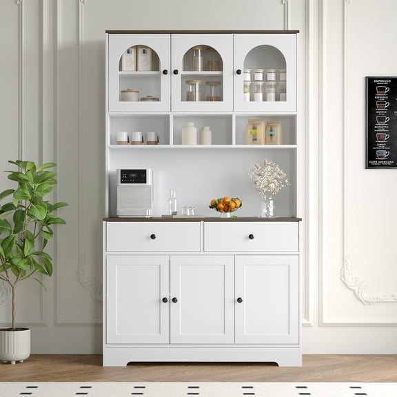71" Freestanding Kitchen Pantry Cabinet with Glass Display, Farmhouse Storage Cabinet with Drawer & Open Shelves, Wood Countertop & Charging Station for Dining Room
