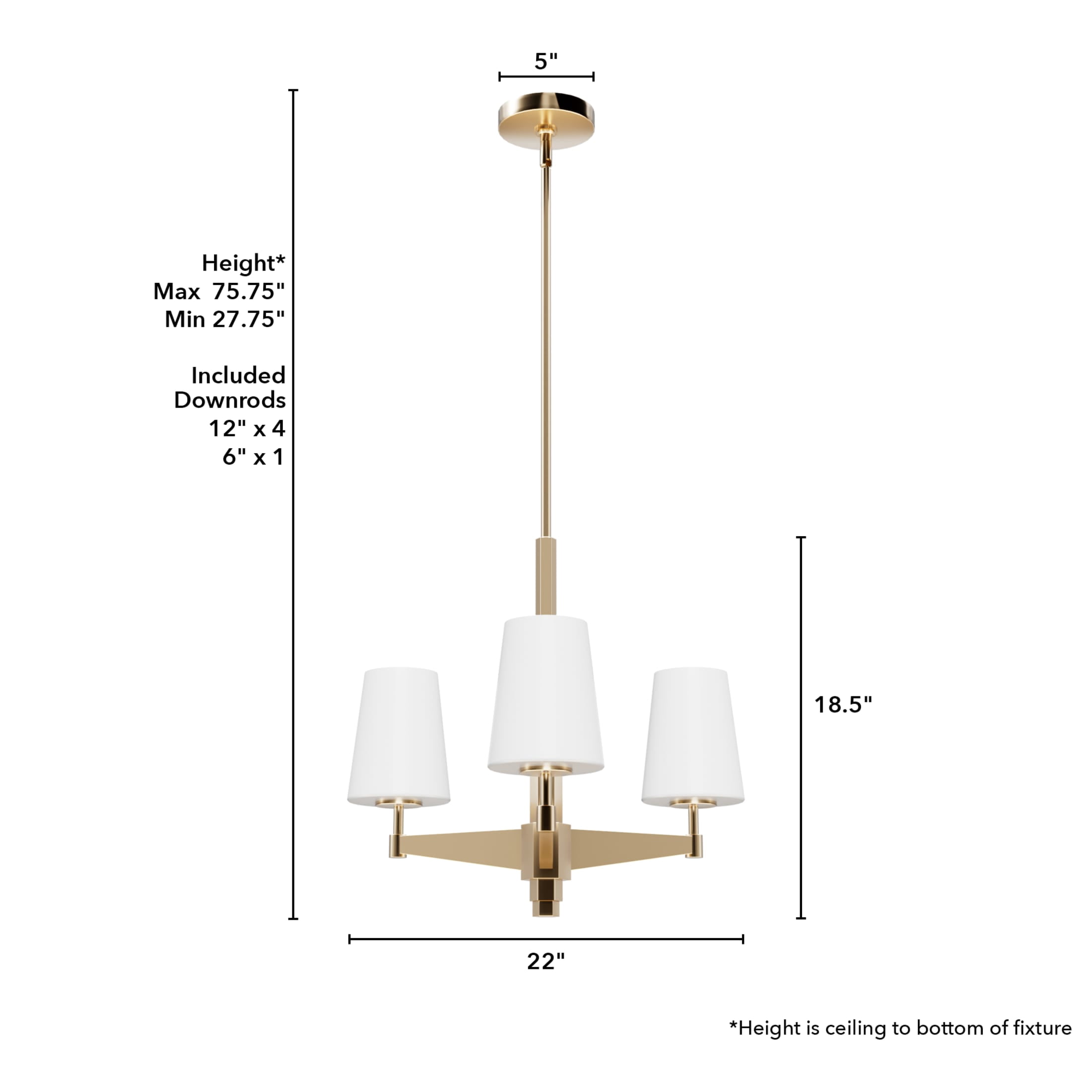 Hunter - Nolita 3-light Alturas Gold, Medium Size Chandelier, Dimmable, Modern Style, Candle Shaped, for Bedrooms, Dining, Living Rooms - 19878