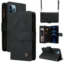 Feishell for Apple iPhone 12 / 12 Pro 6.1 inch Zipper Wallet Case with Wrist Strap & Shoulder Strap,Premium PU Leather Magnetic Clasp Flip Holder Card Slots Crossbody Phone Case for Women Men,Black