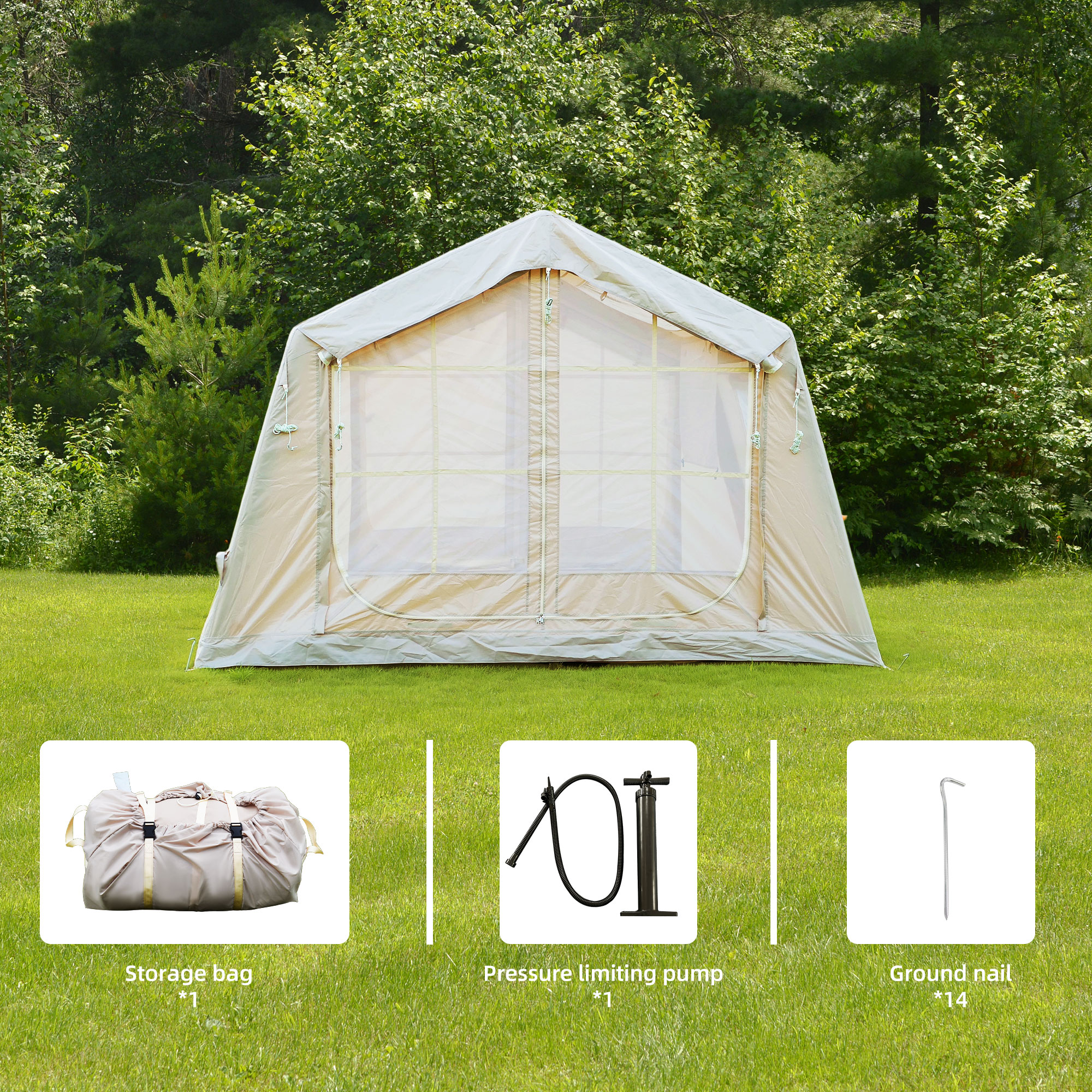 Inflatable Camping Tent with Stove Jack & AC Port, 8m² 4 Season Blow Up Tent for 4-6 Person, Waterproof Air Glamping Shelter for Hot Tent Camping, Beige