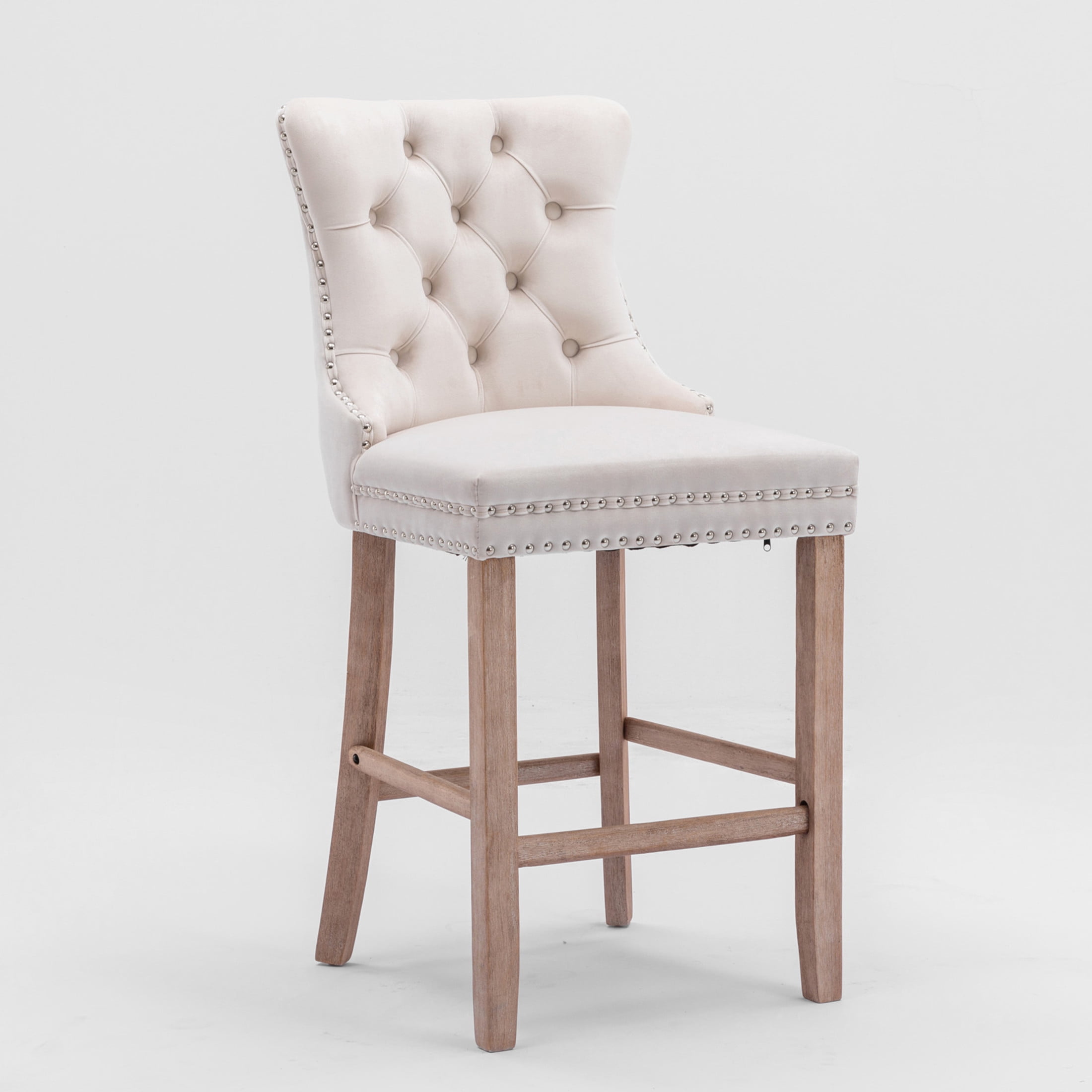 Button Tufted Upholstered Velvet Bar Stools with High Backrest, Solid Wood Legs, and Rivet Detailing, Beige, Set of 2