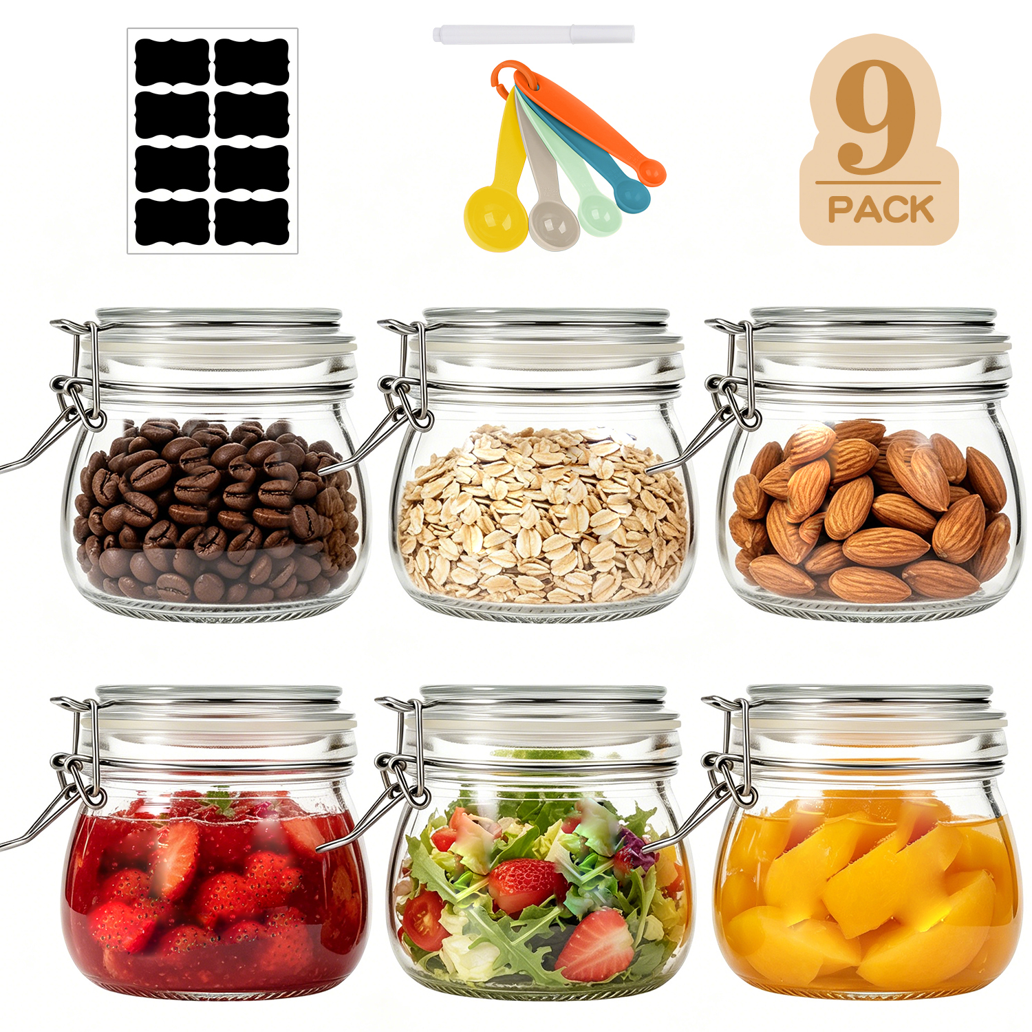 9 Pcs Airtight Glass Jars Set Includes 3 Accessories, TAIMASI 17oz Food Storage Jar with Airtight Clamp Lids, Small Clear Mason Jars for Kitchen Canning, Flour, Cereal