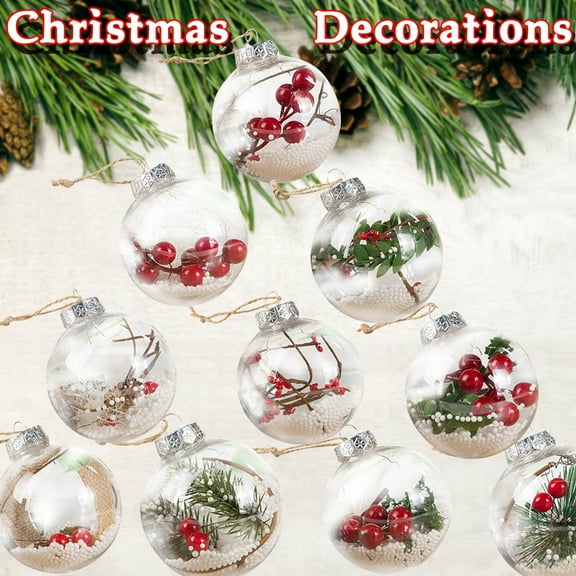 Yhmxh Clear Christmas Ornaments Ball, 3.5 Inch Plastic Xmas Tree Decorations Hanging Ornaments Ball Baubles Filled with Artificial Snow Red Berry Pine Needle for Christmas Trees Party Decor (1PCS)