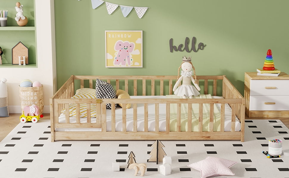 Natural Rubber Wood Full Size Kids Floor Bed with Surround Safety Fence & Access Door, 7 Wood Slats Platform Bed Holds 400LBS Fits ≤6 Inch Mattress No Box Spring Needed