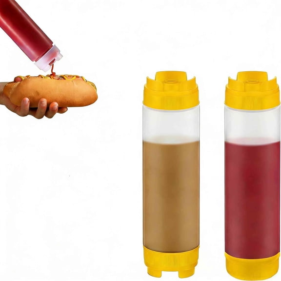 2Pcs Inverted Plastic Squeeze Bottles, 20oz Refillable Tip Large Valve Dispenser Condiment Squeeze Bottle for Sauces Ketchup Sour Cream Self Sealing Syrup Dispenser for Restaurants (Yellow)