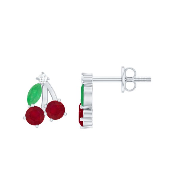 Rosec Jewels Natural Ruby Cherry Earrings with Emerald and Moissanite, Quirky Cherry Stud Earrings, 925 Sterling Silver