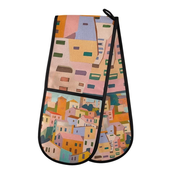 Yayeee Double Oven Mitt Kitchen Heat Resistant Baking 35" x7" Quilted Glove, Orange Cityscape Painting