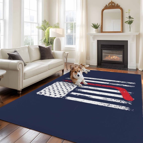 6'x9' Area Rugs, Navy Blue Hockey American Flag Indoor Outdoor Area Rug for Living Room Bedroom, Vintage Abstract US Flag Washable Bathroom Rugs Kitchen Floor Carpet Mats Home Decor Aesthetic