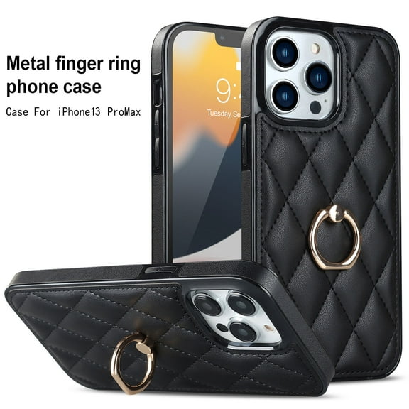 SaniMore for iPhone 13 Pro Max 6.7" 2021 Case, PU Leather Case with Luxury Fashion 3D Lattice for Girls Women 360° Rotating Metal Ring/Kickstand Shockproof Durable Case For iPhone 13 Pro Max, Black