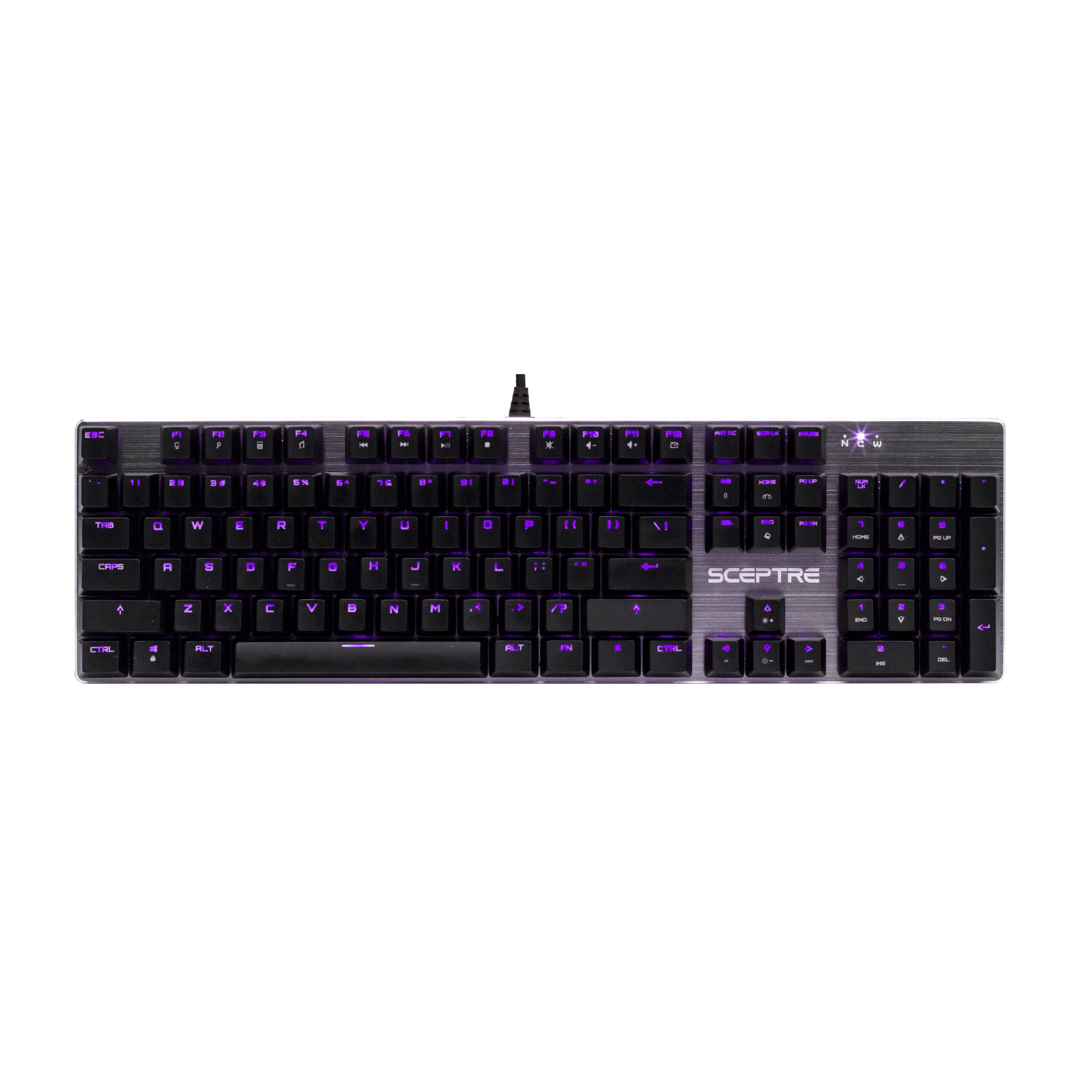 Sceptre SK-604 104 Key USB Wired Illuminated Mechanical Gaming Keyboard - Blue Switch - Purple LED Backlit