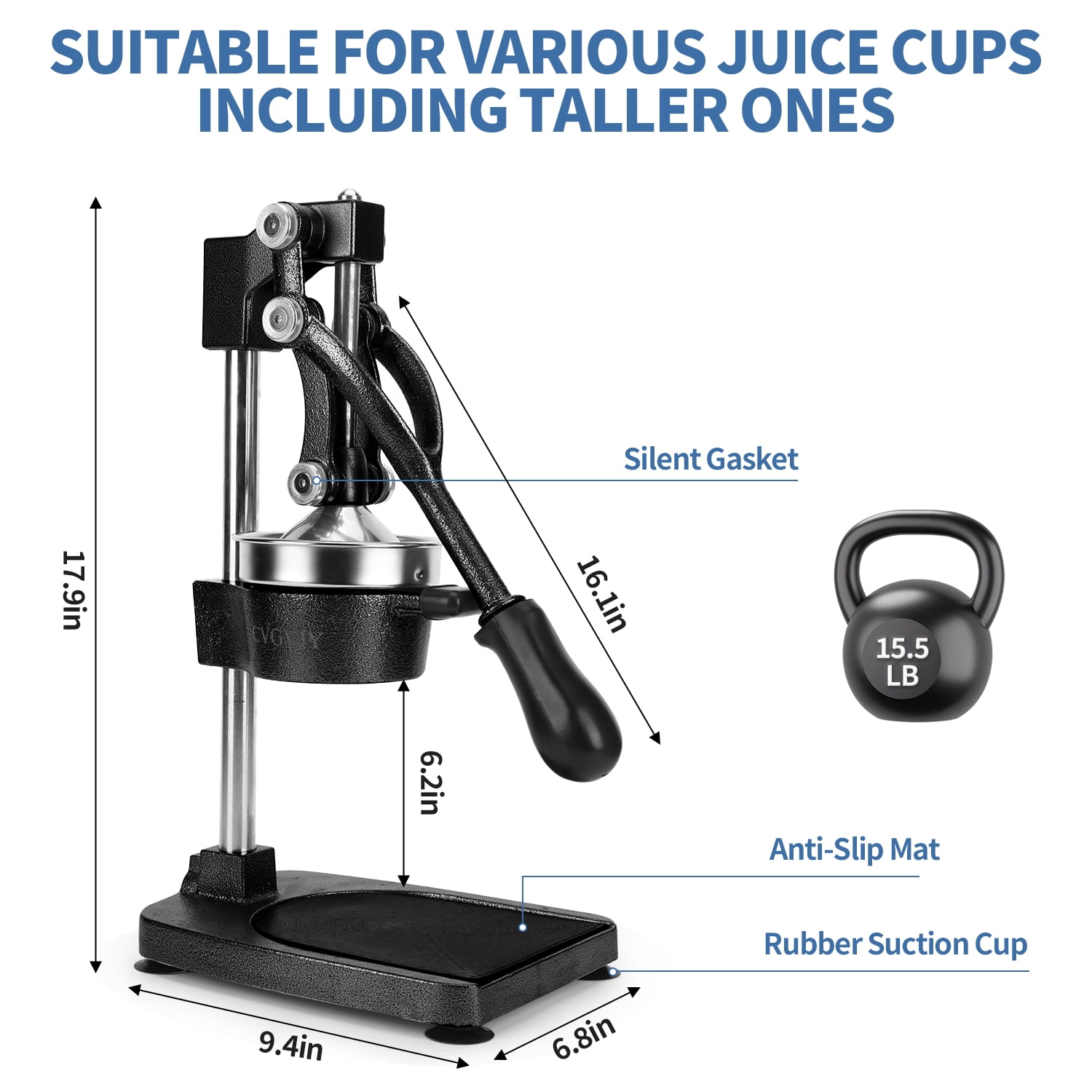 Yucurem Premium Cast Iron Juicer, Extra-Large, Heavy Duty, Commercial Grade, Stainless Steel Manual Juicer for Fresh Orange, Citrus, Pomegranate, Lemon (Black)