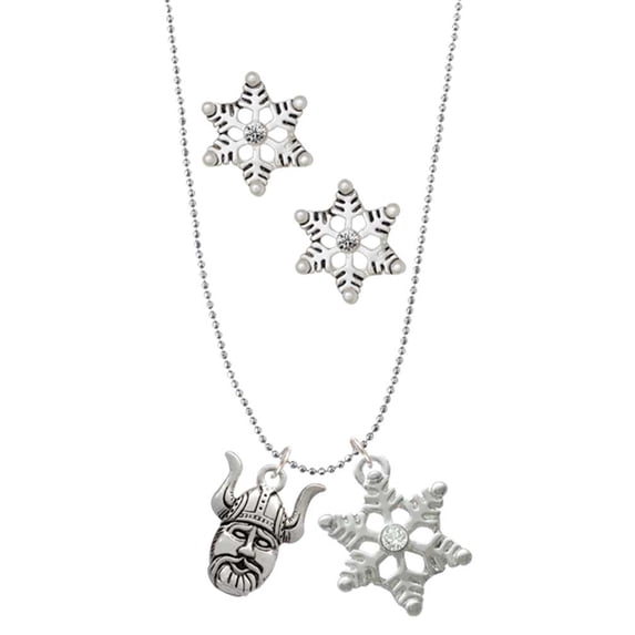 Delight Jewelry Silvertone Large Viking - Mascot Silver tone Snowflake Charm Necklace and Stud Earrings