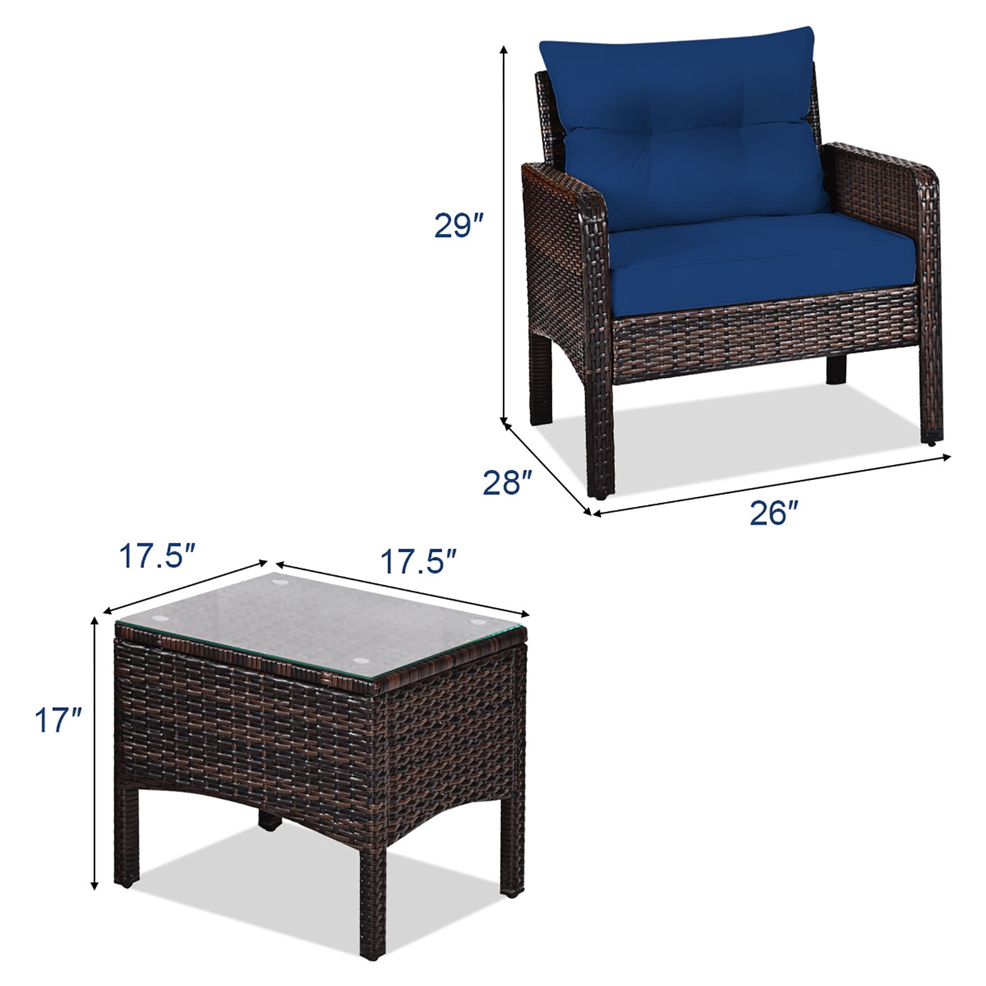 Costway 3PCS Outdoor Rattan Conversation Set Patio Garden Cushioned Sofa Chair Navy