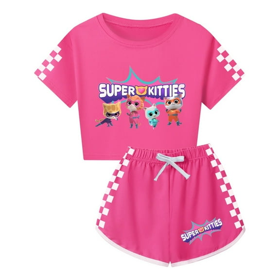 Kids SuperKitties 2-Piece Set – Girls Cartoon Cat T-Shirt and Shorts – Youth Summer Fashion