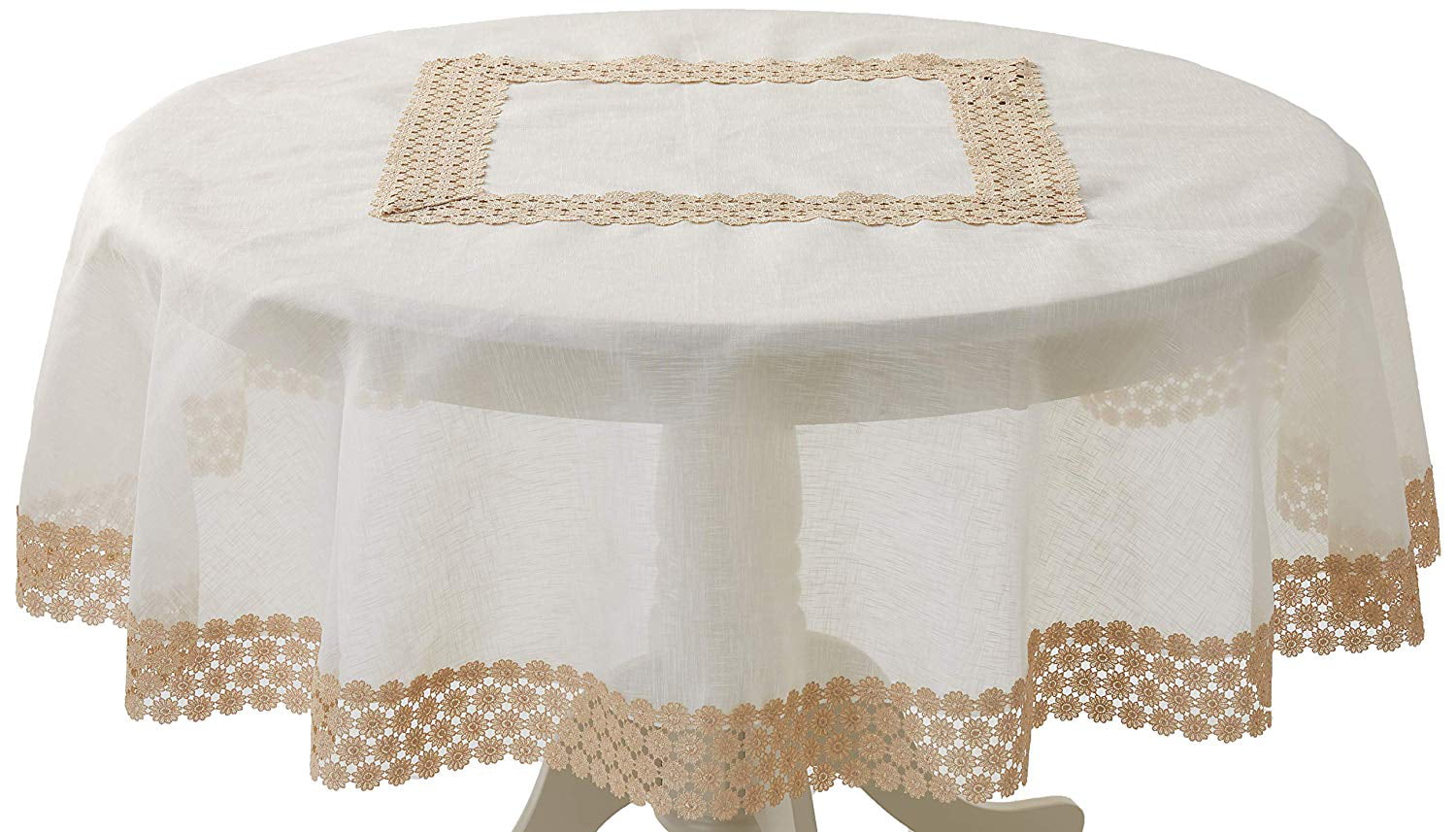 Rectangle Tablecloths Violet Linen Legacy Cobblestone Pattern Polyester Jacquard Macrame Lace Border Seats 16 to 18 People Beige 70 X 180