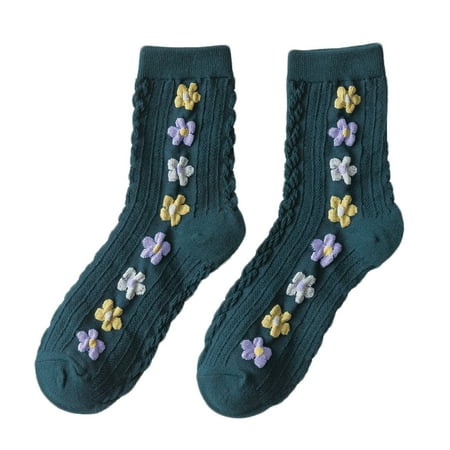 

Yinguo Women Fashion Retro Academic Style Flower Lovely Cotton Middle Tube Socks