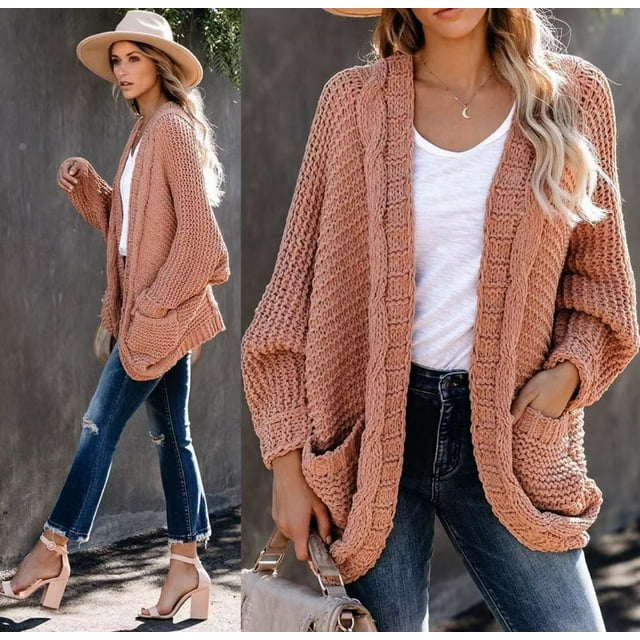 Tralilbee Women's Long Sleeve Open Front Chunky Oversized Knitted Sweater Cardigan