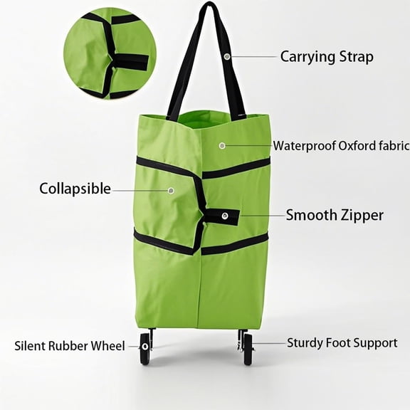 2-in-1 Foldable Wheeled Shopping Cart, Portable, 10kg Load Capacity, Waterproof Oxford Cloth Travel Bag, Reusable Unisex Travel Bag, Suitable for Family and Kitchen Use (Green)