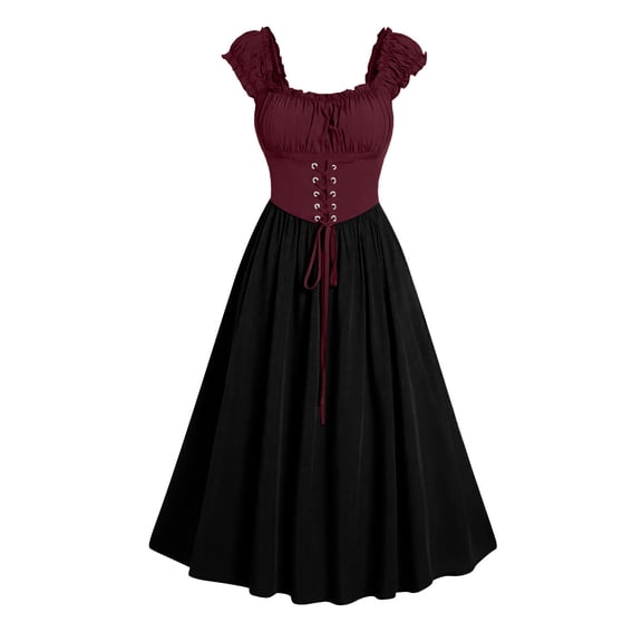 Women Victorian Dress Sleeveless Corset Lace Up Midi Dresses Color Block Patchwork Cottagecore Halloween Clothes
