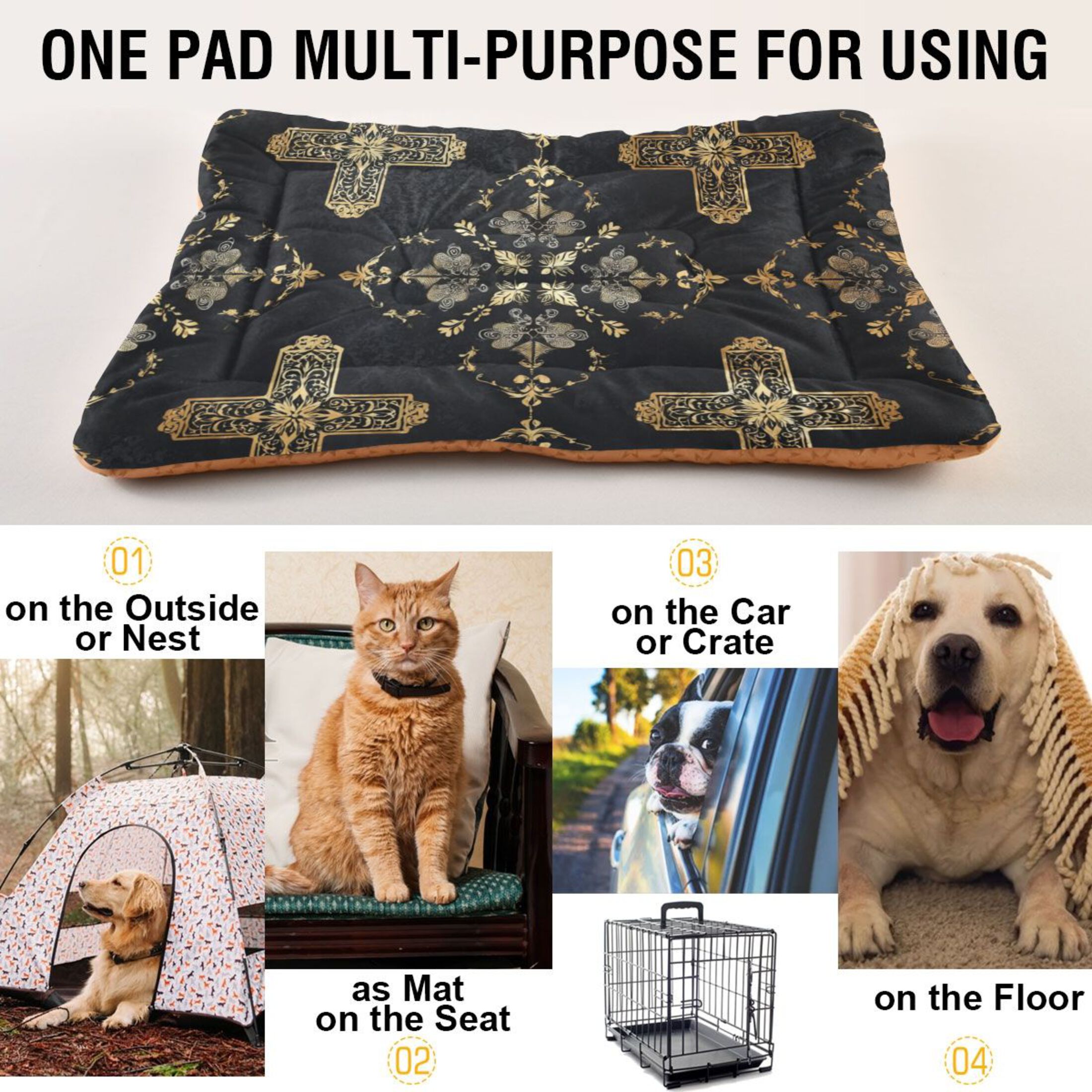 Cozy Mat Pet Bed Indoor Outdoor Warm Soft For Cat Dog Puppy(S/M) Decorative Crosses in Black Gold