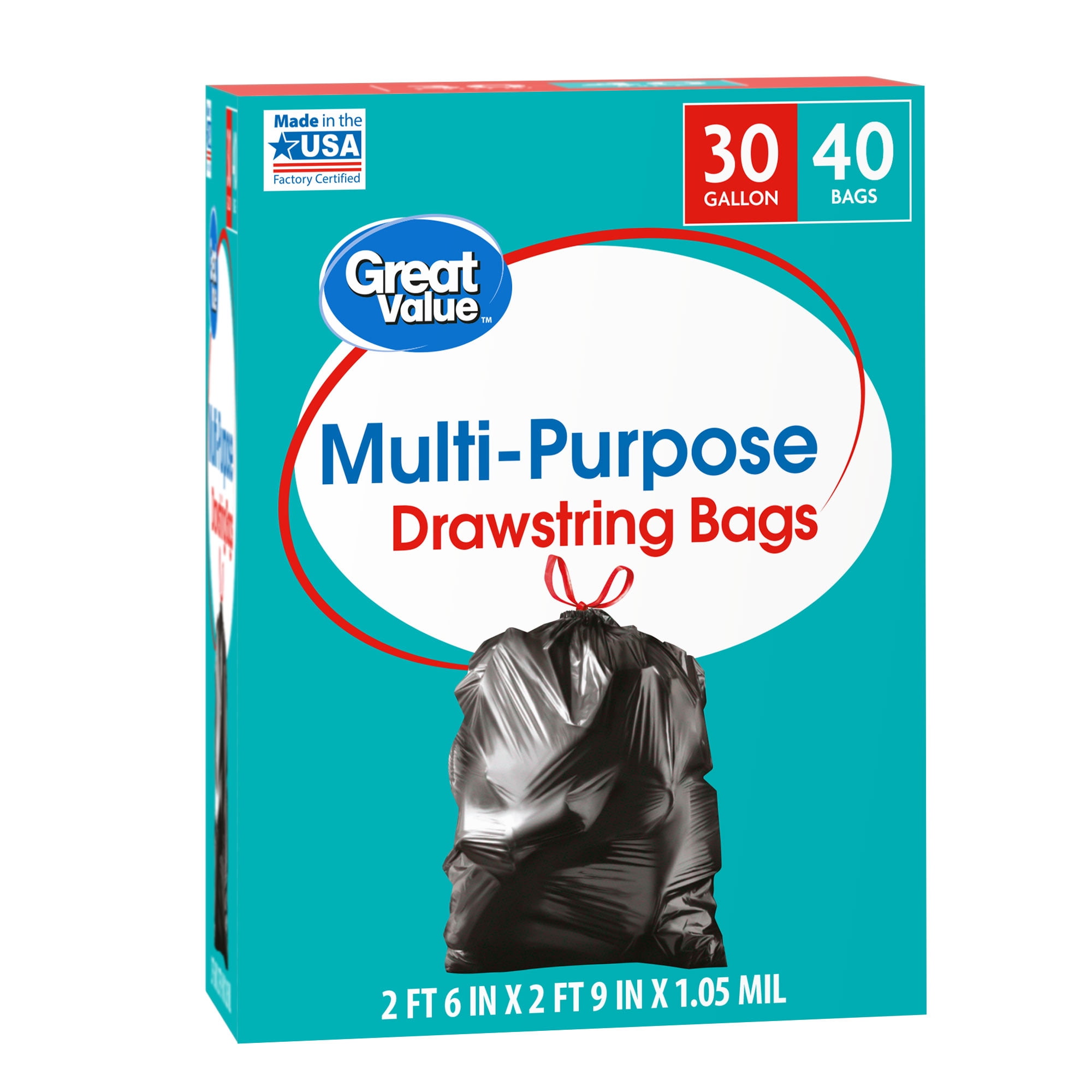 Great Value MultiPurpose Trash Bags, 30 Gallon, 40 Bags (Drawstring