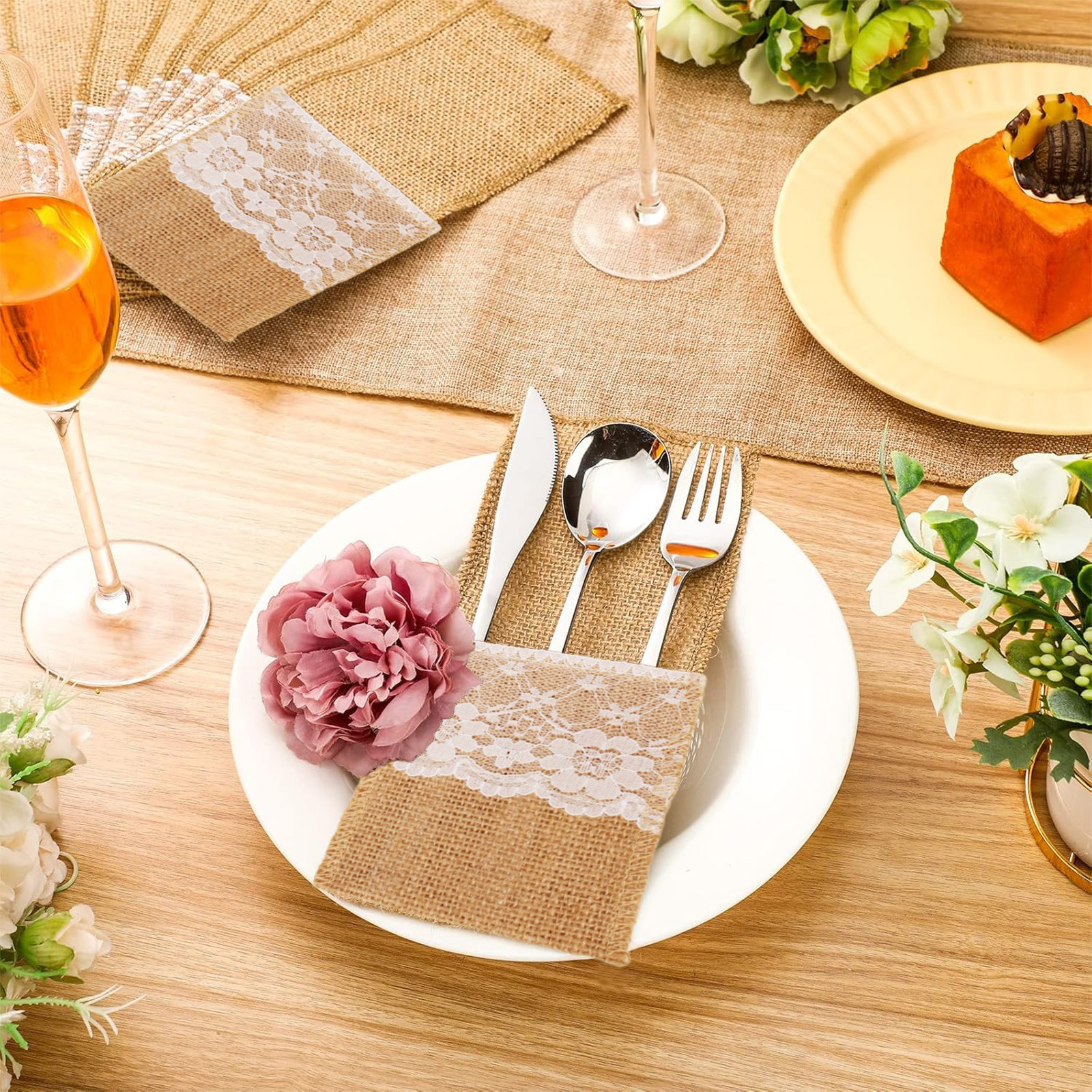30Pc Cutlery Holder,Natural Burlap Tableware Utensil Holders,Burlap Lace Silverware Holder Linen Knife And Forks Cutlery Pouch Bag,Linen And Lace Cutlery Storage Bag For Vintage Rustic Wedding Party