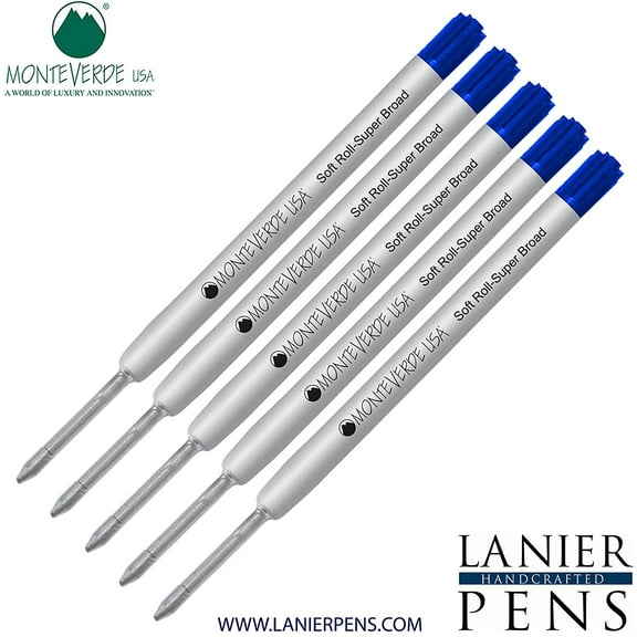 Lanier Combo Pack - 5 Pack - Monteverde Soft Roll Super Broad Ballpoint P15 Paste Ink Refill Compatible with most Parker Style Ballpoint Pens - Blue (Super Broad Tip 1.4mm)