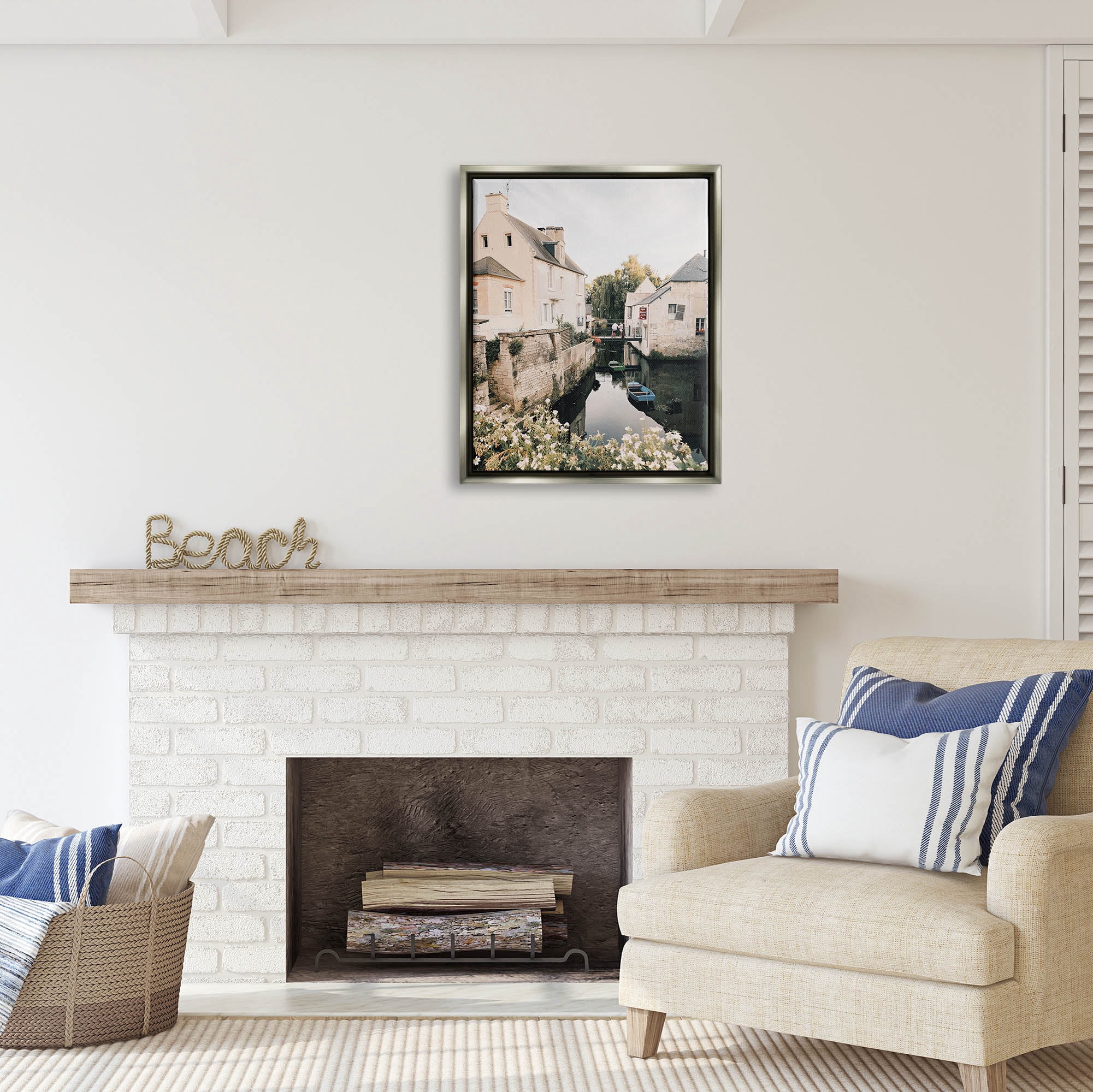 Stupell Industries Village Canal River Boats Garden Coastal Photography Gray Floater Framed Art Print Wall Art