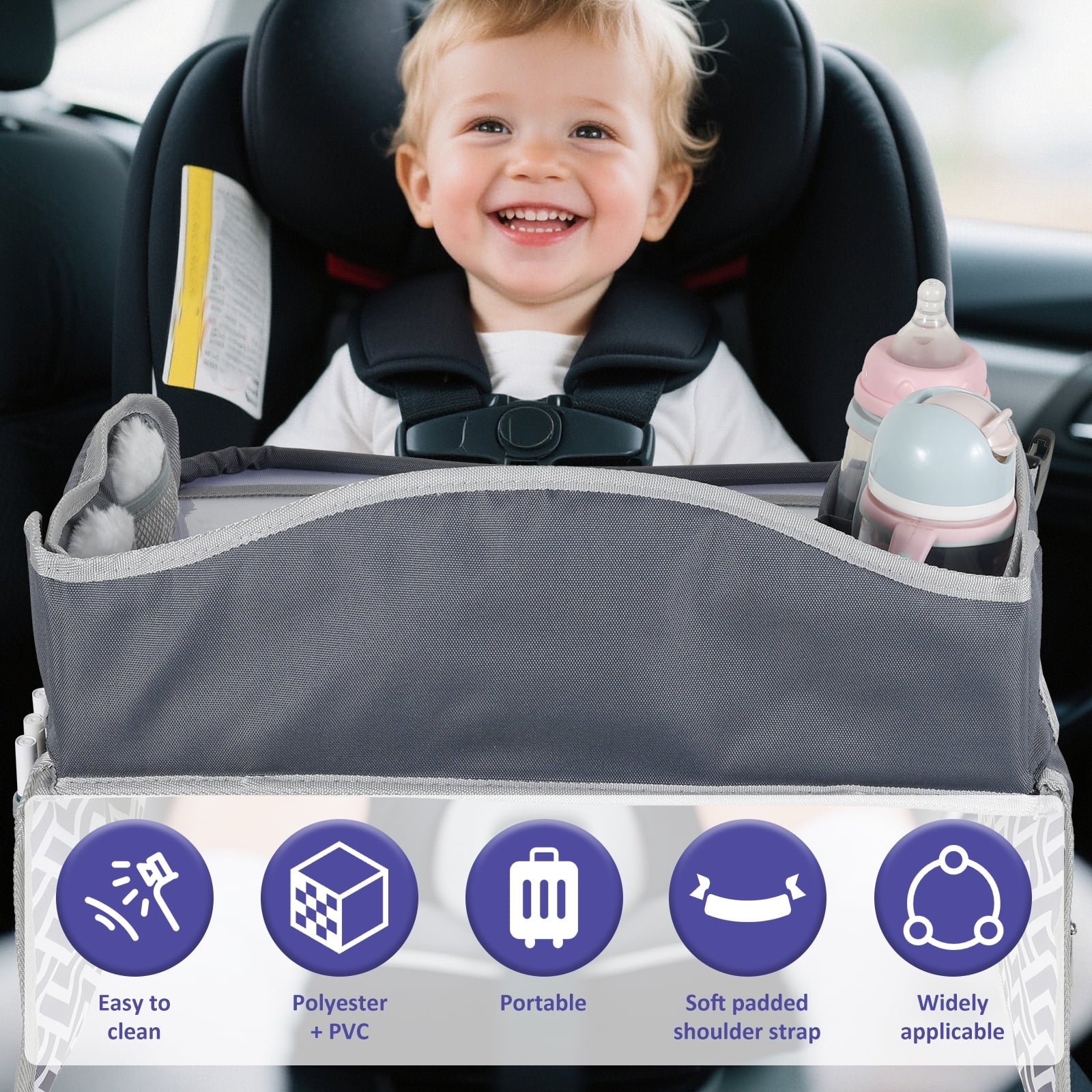 Kids Travel Tray Toddler Car Seat Lap Tray Road Trip Essentials Activity Table No-Drop Tablet Holder & Borders (All Grey)