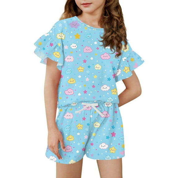 Abcomgle Girls Short Sets Size 10-12 Girls 2 Piece Outfits Balloon Graphic Ruffle Sleeve Shirts and Elastic Waist Shorts Cute Casual Girls Short Sets 10-11 Years,Blue
