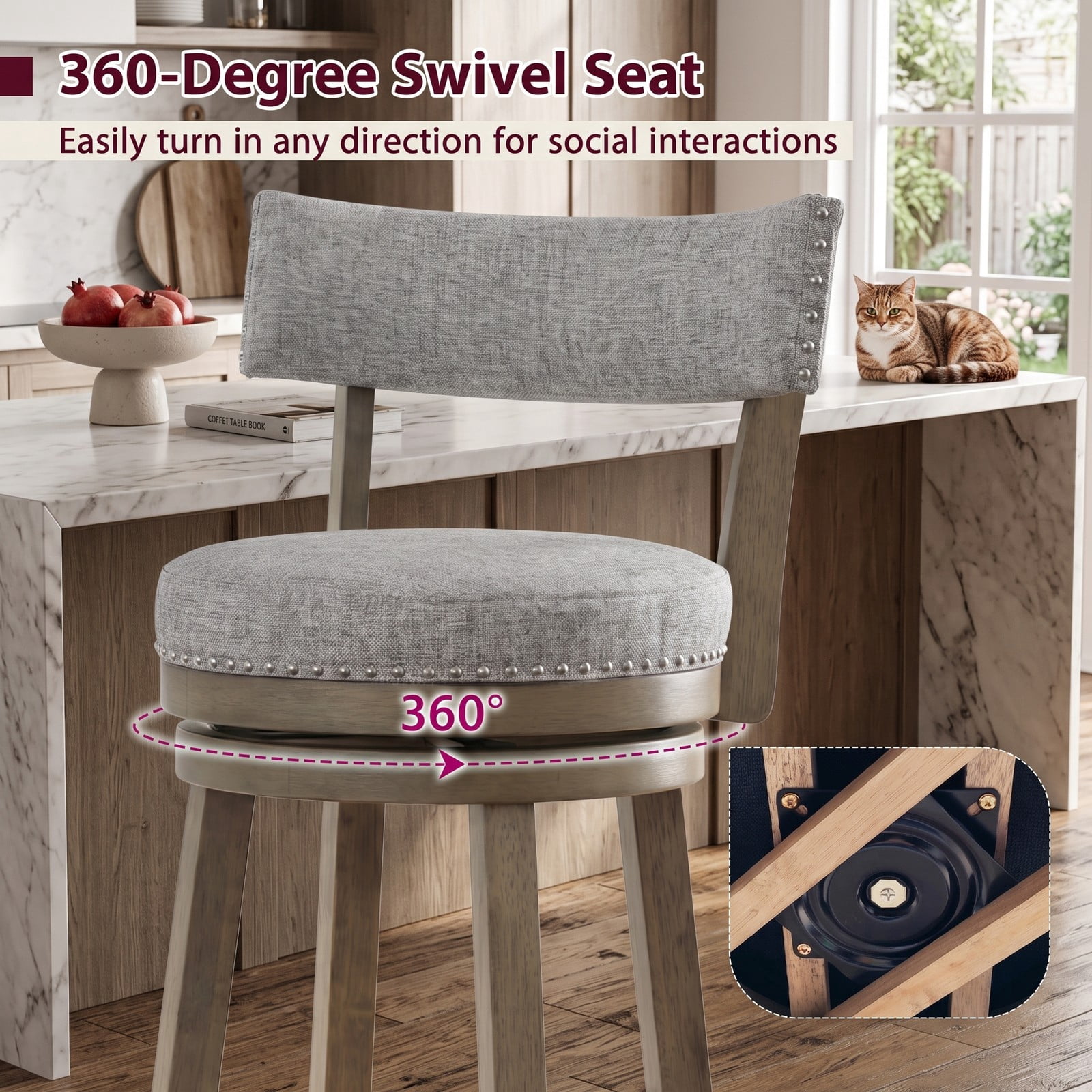 Furnibear Swivel Bar Stools Set of 2, 31.5 Inch Linen Fabric Upholstered Barstools with Curved Back and Nailhead Trim, 360-Degree Swivel Counter Height Kitchen, Gray