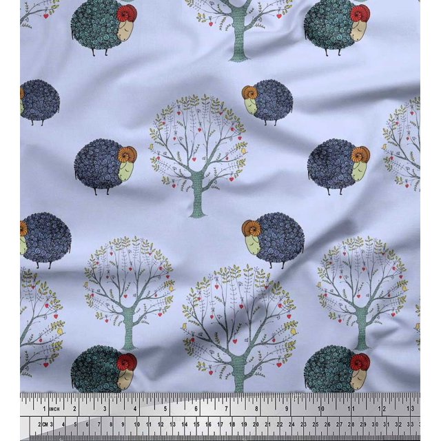 Soimoi Satin Silk Fabric Tree & Sheep Animal Print Sewing Fabric Yard 42 Inch Wide