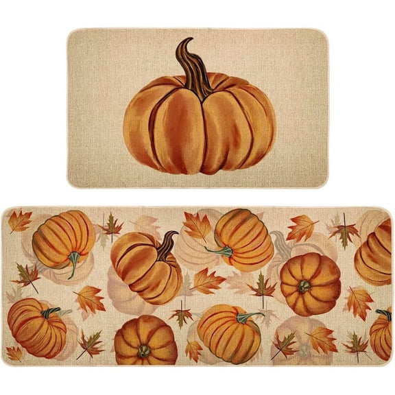 Fall Pumpkin Kitchen Mats Set of 2, Non-Slip Absorbent Rug and Door Mats, Seasonal Autumn Maple Leaves Decorative Kitchen Floor Mat 17x29 and 17x47 Inch DM087