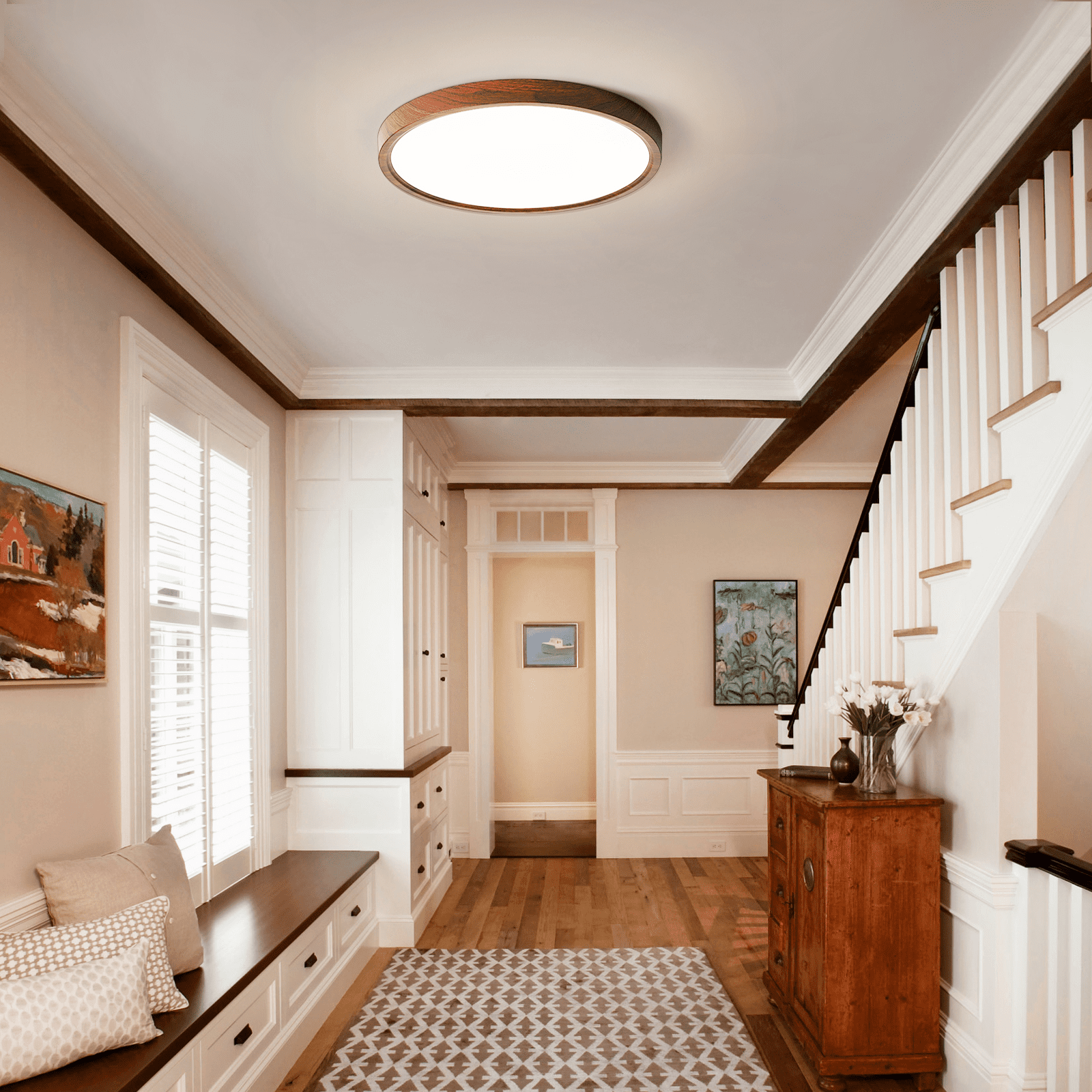 HEYAN Walnut Wood Flush Mount Ceiling Light Fixture,12 Inch Dimmable LED Ceiling Light with 3000K-4000K-6000K Selectable Flat Low Profile Round Ceiling Lights for Bedroom Hallway Laundry (1 Pack)